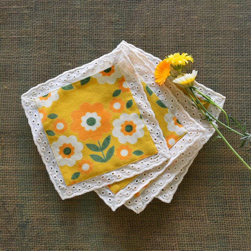 Cotton Linen Table Coasters | Daisy Print | Set of 4 | Yellow