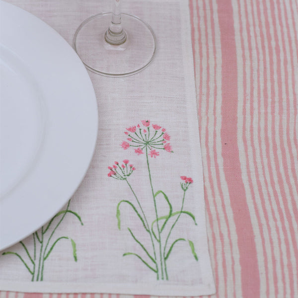 Linen Dining Table Mats | Placemats | Printed | Set of 2 | White & Pink