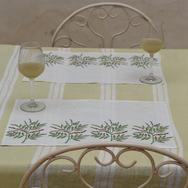 Linen Dining Table Mats | Placemats | Printed | Set of 2 | White & Green