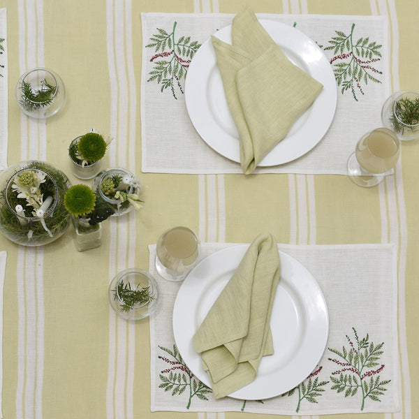 Linen Dining Table Mats | Placemats | Printed | Set of 2 | White & Green