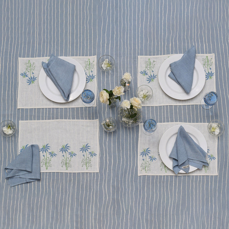 Linen Dining Table Mats | Placemats | Printed | Set of 2 | White & Blue