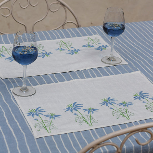 Linen Dining Table Mats | Placemats | Printed | Set of 2 | White & Blue