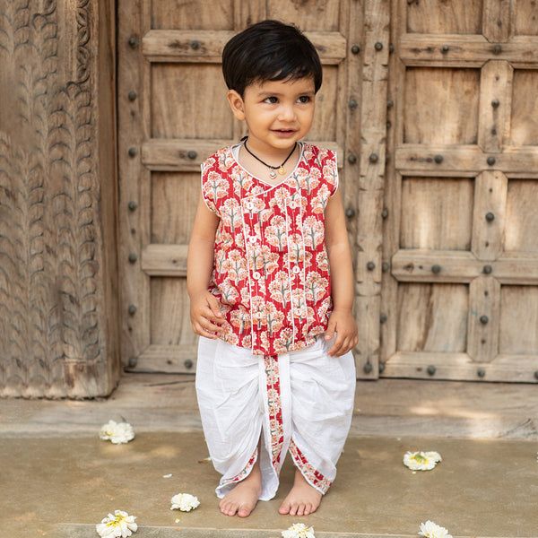 Cotton Baby Boy Clothes | Dhoti Kurta Set | Mittens & Booties | Swaddle | Red & White