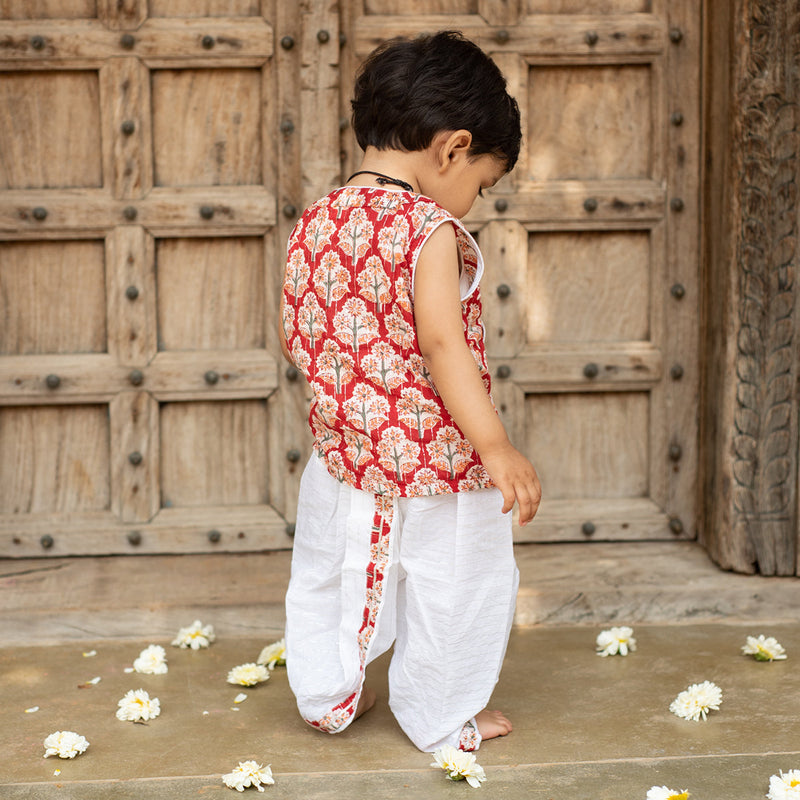 Cotton Baby Boy Clothes | Dhoti Kurta Set | Mittens & Booties | Swaddle | Red & White