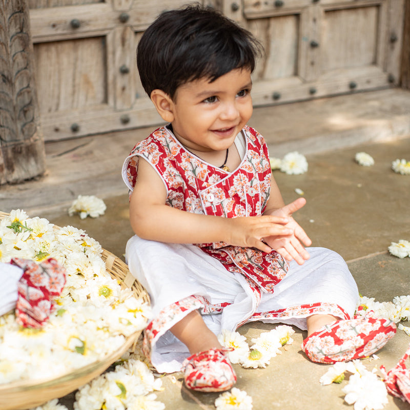 Cotton Baby Boy Clothes | Dhoti Kurta Set | Mittens & Booties | Swaddle | Red & White