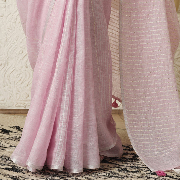 Handloom Pink Linen Saree | Striped