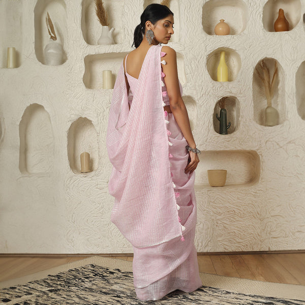 Handloom Pink Linen Saree | Striped