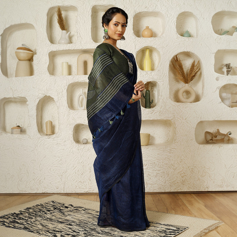 Pure Linen Saree | Navy Blue & Green