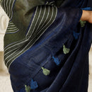 Pure Linen Saree | Navy Blue & Green