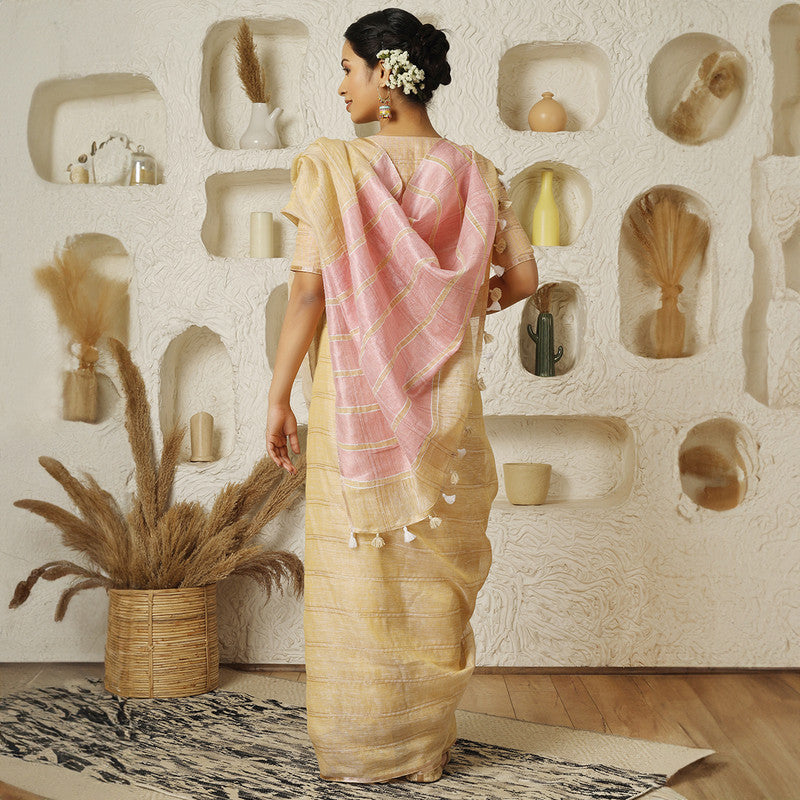 Beige & Pink Linen Saree | Tasselled