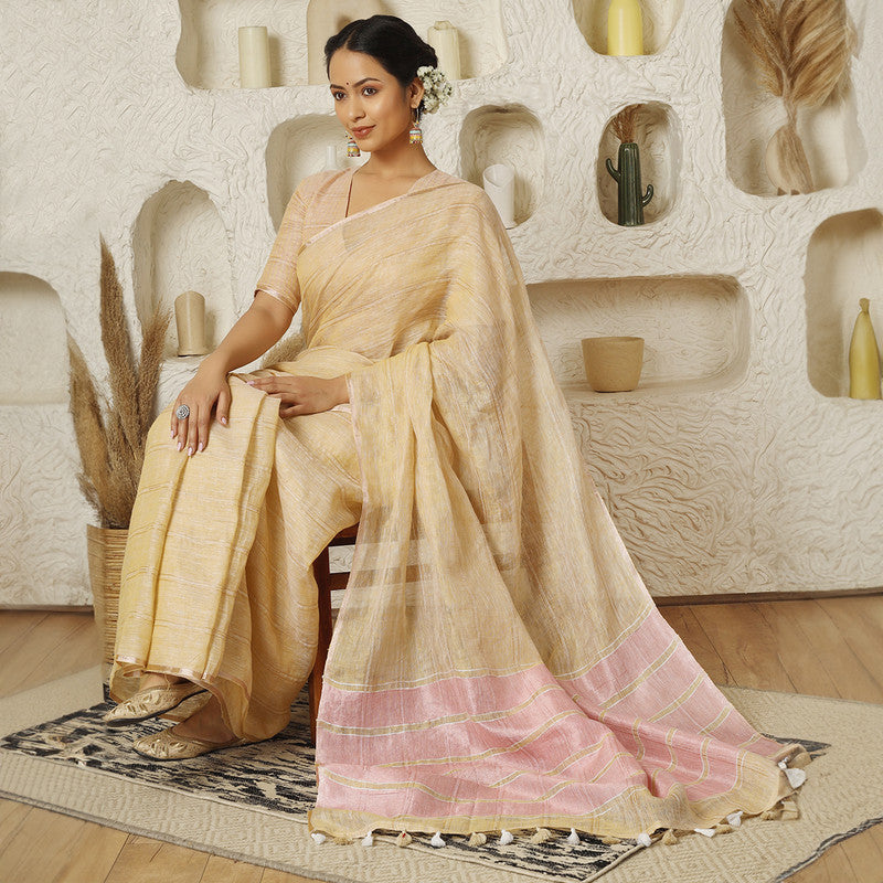 Beige & Pink Linen Saree | Tasselled