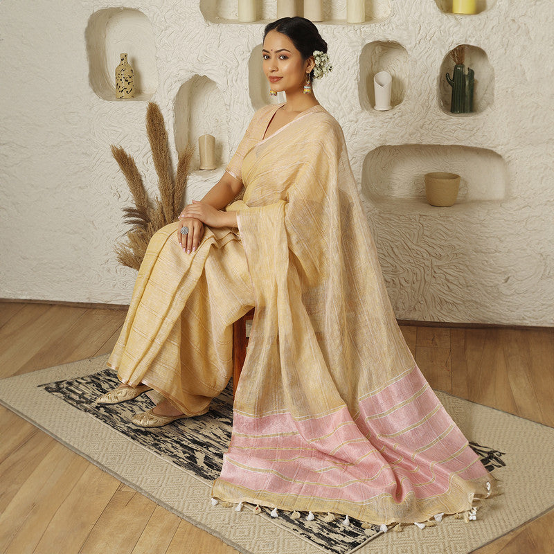 Beige & Pink Linen Saree | Tasselled