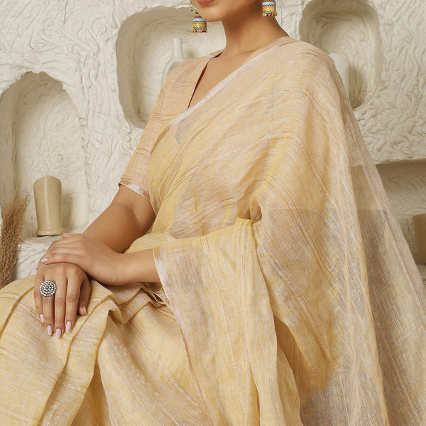 Beige & Pink Linen Saree | Tasselled