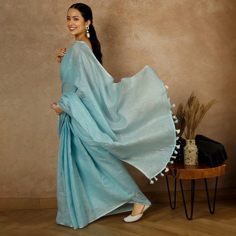 Pure Linen Saree | Tasselled | Sky Blue