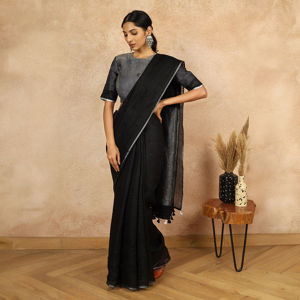 Black Linen Saree | Tasselled | Grey Pallu