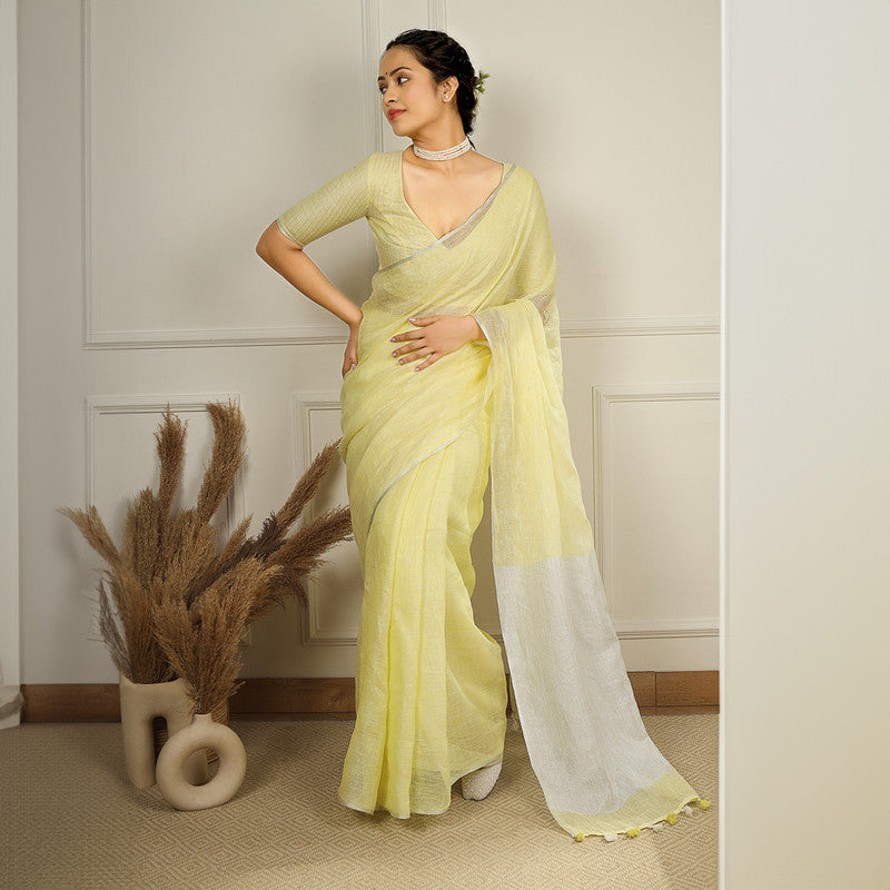 Pure Linen Saree | Yellow & White