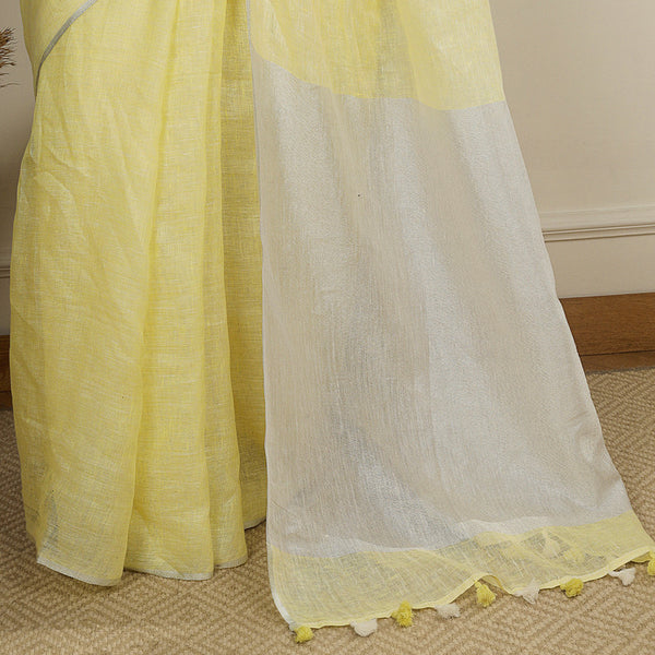 Pure Linen Saree | Yellow & White