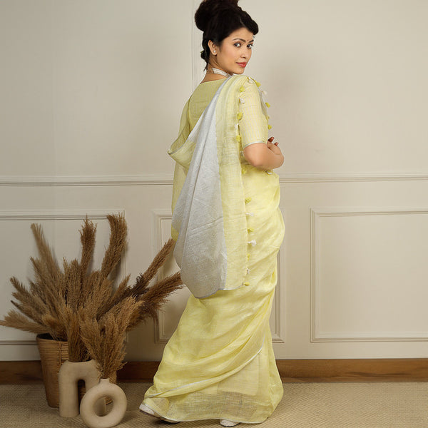 Pure Linen Saree | Yellow & White