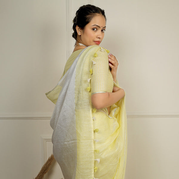 Pure Linen Saree | Yellow & White