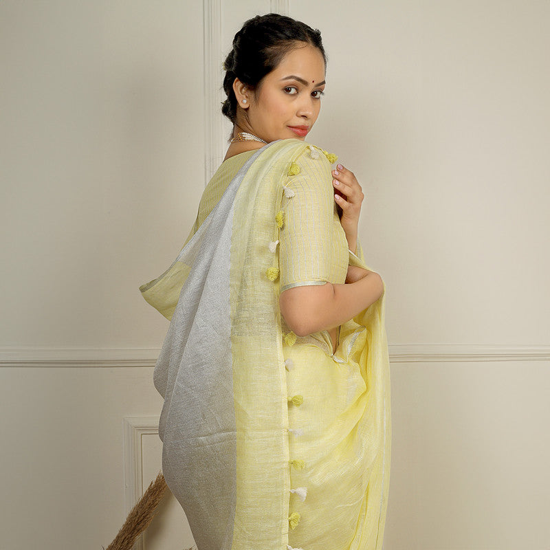 Pure Linen Saree | Yellow & White