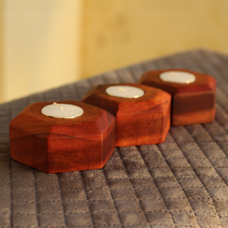 Acacia Wood Tea Light Candle Holders | Brown | Set of 3