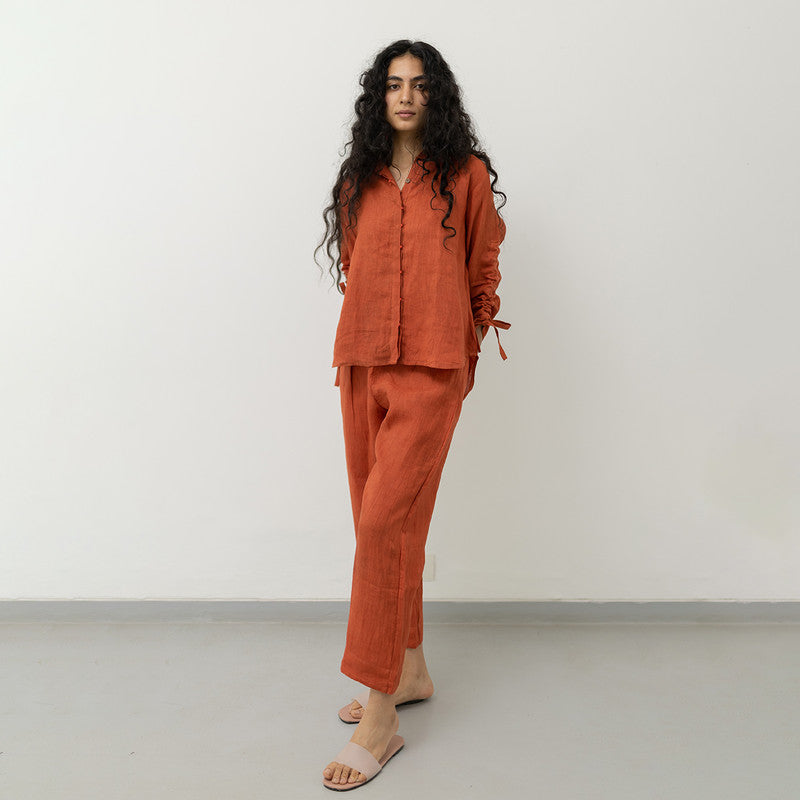 Women Linen Co Ord Set | Tie-Knot Sleeve | Orange