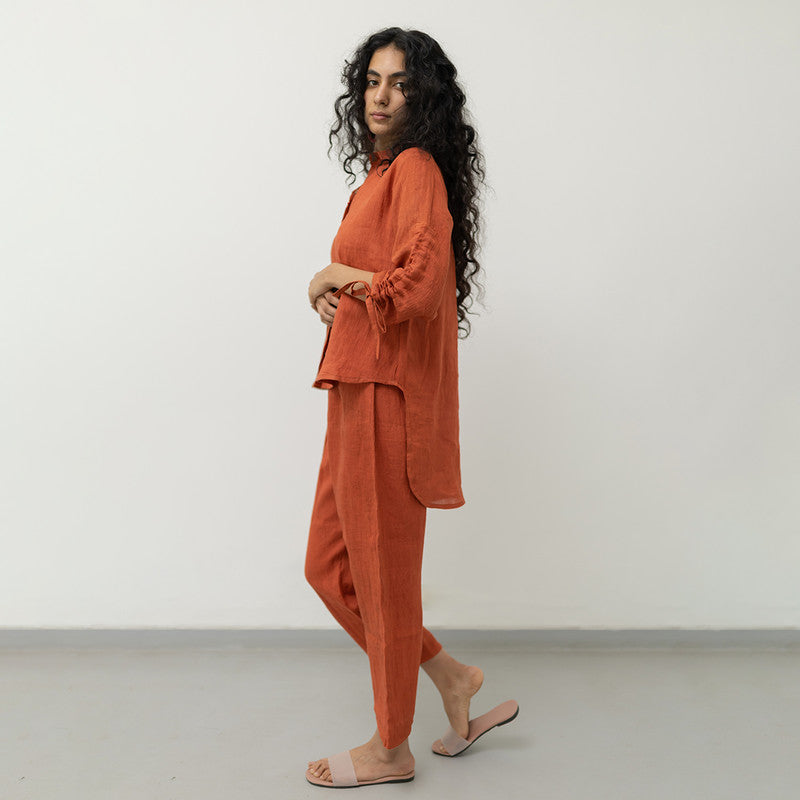 Women Linen Co Ord Set | Tie-Knot Sleeve | Orange