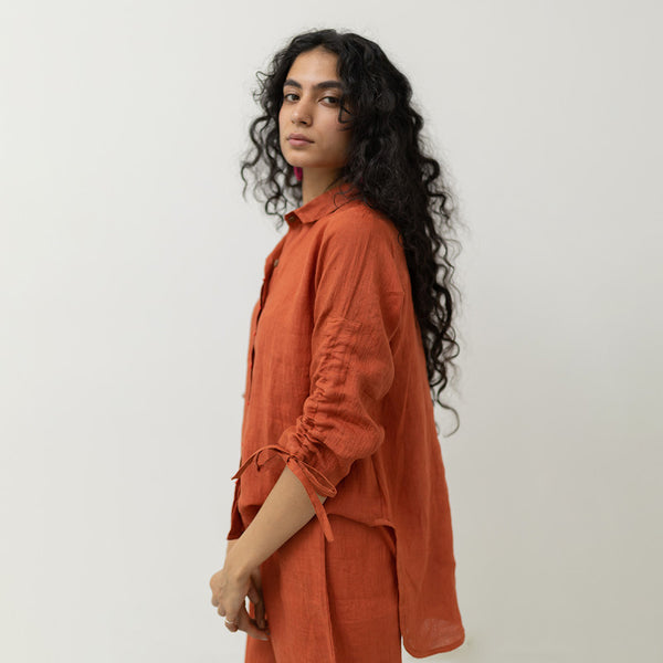 Women Linen Co Ord Set | Tie-Knot Sleeve | Orange