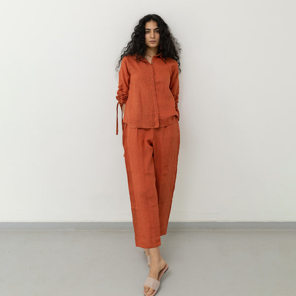 Women Linen Co Ord Set | Tie-Knot Sleeve | Orange