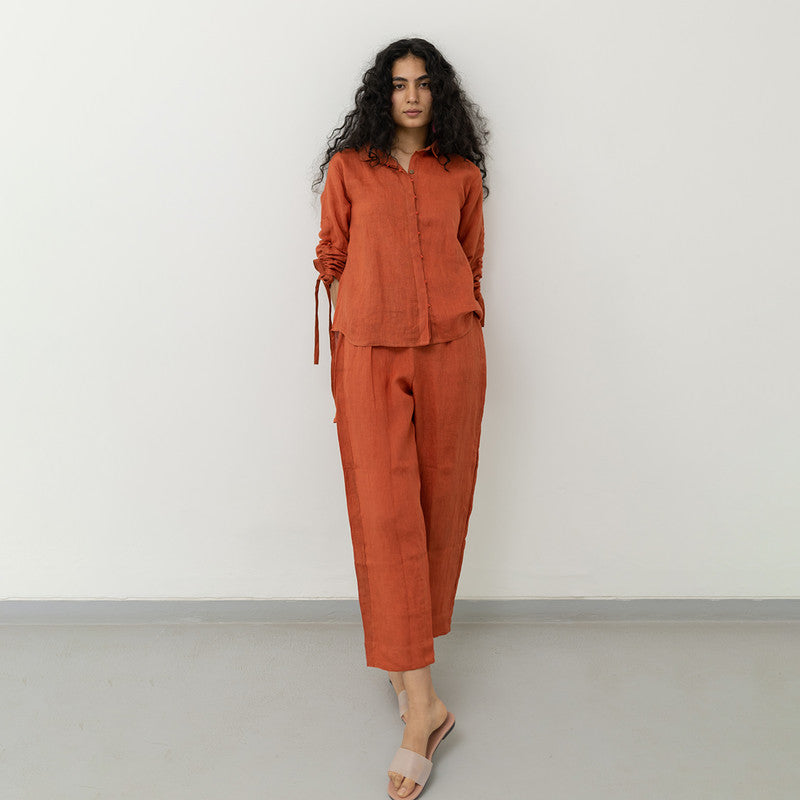 Women Linen Co Ord Set | Tie-Knot Sleeve | Orange