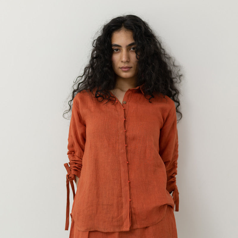 Women Linen Co Ord Set | Tie-Knot Sleeve | Orange