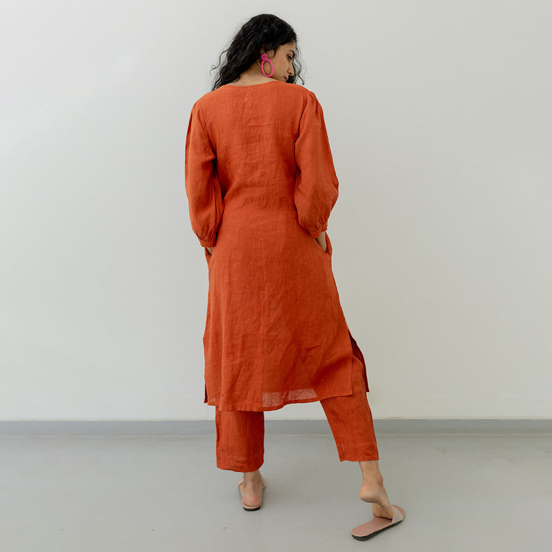 Women Linen Kurta Set | Side-Pockets | Orange