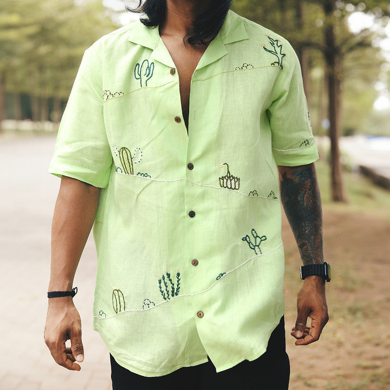 Linen Shirt for Men | Hand Embroidered | Chartreuse
