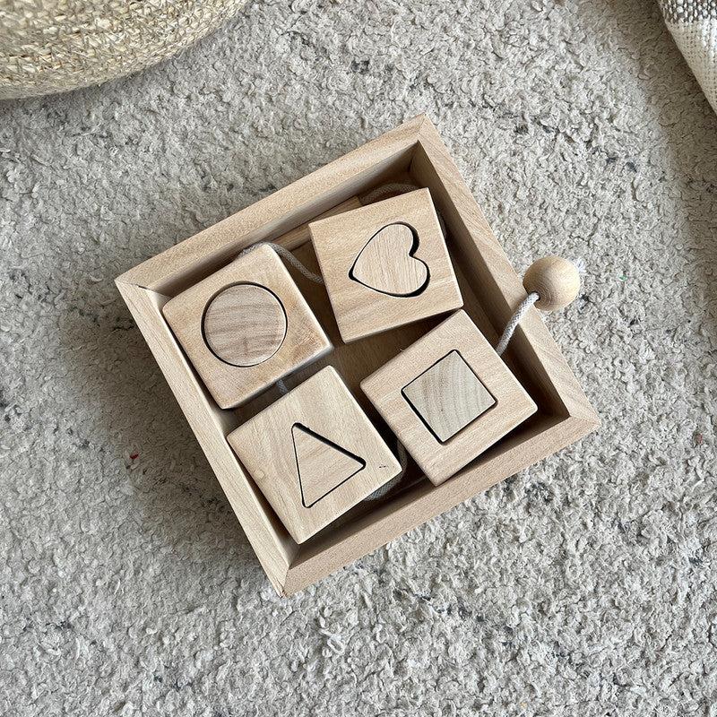 Wooden Puzzle Toy Box | Shapes Lacing Toy | Set of 6