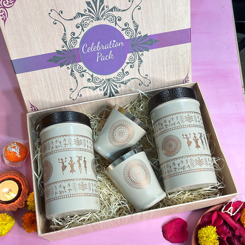 Wedding Gift Box Indian themed Container Set with Glasses | Stainless Steel | Set of 4