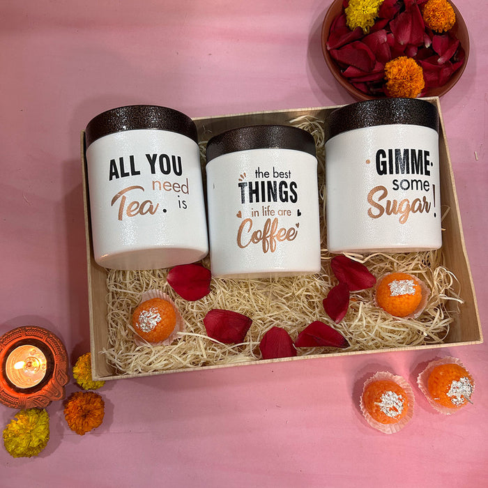 Festive Gift Box | Stainless Steel Tea, Coffee & Sugar Container Set with Laddu Candles | Set of 3