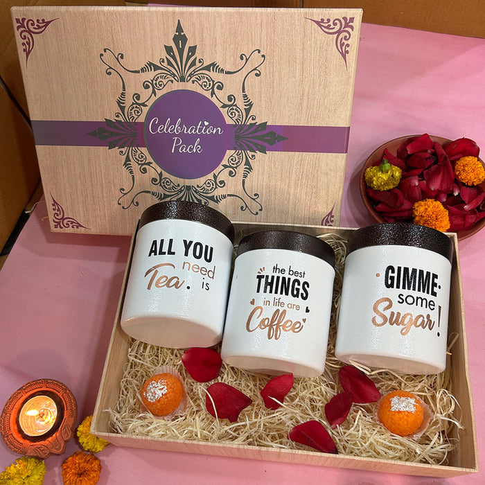 Festive Gift Box | Stainless Steel Tea, Coffee & Sugar Container Set with Laddu Candles | Set of 3