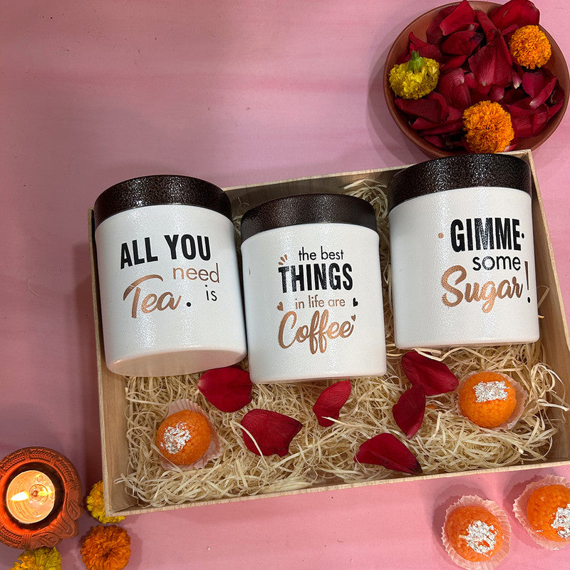 Festive Gift Box | Stainless Steel Tea, Coffee & Sugar Container Set with Laddu Candles | Set of 3