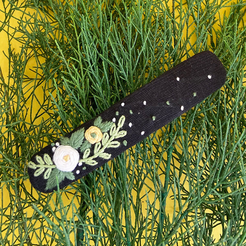 Cotton Linen Hair Clip for Women | Black | Hand Embroidered
