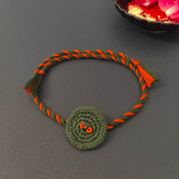 Cotton Rakhi For Brother | Chakri with Beads | Green & Rust