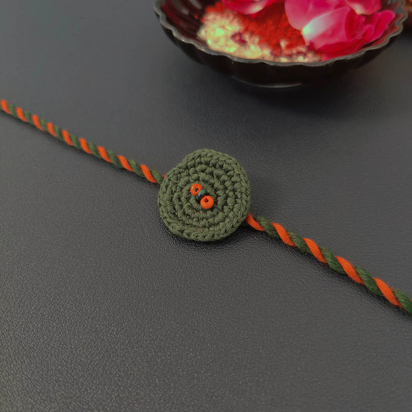 Cotton Rakhi For Brother | Chakri with Beads | Green & Rust