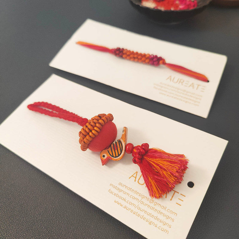 Cotton Rakhi Lumba Set For Bhaiya & Bhabhi | Beads & Bird | Red & Orange