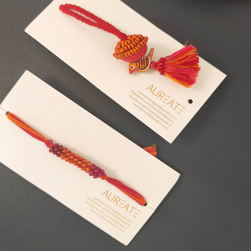 Cotton Rakhi Lumba Set For Bhaiya & Bhabhi | Beads & Bird | Red & Orange