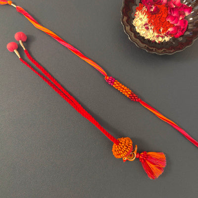 Cotton Rakhi Lumba Set For Bhaiya & Bhabhi | Beads & Bird | Red & Orange