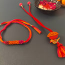 Cotton Rakhi Lumba Set For Bhaiya & Bhabhi | Beads & Bird | Red & Orange