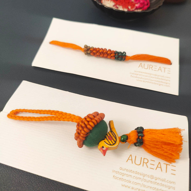 Cotton Rakhi Lumba Set For Bhaiya & Bhabhi | Beads & Bird | Orange & Green