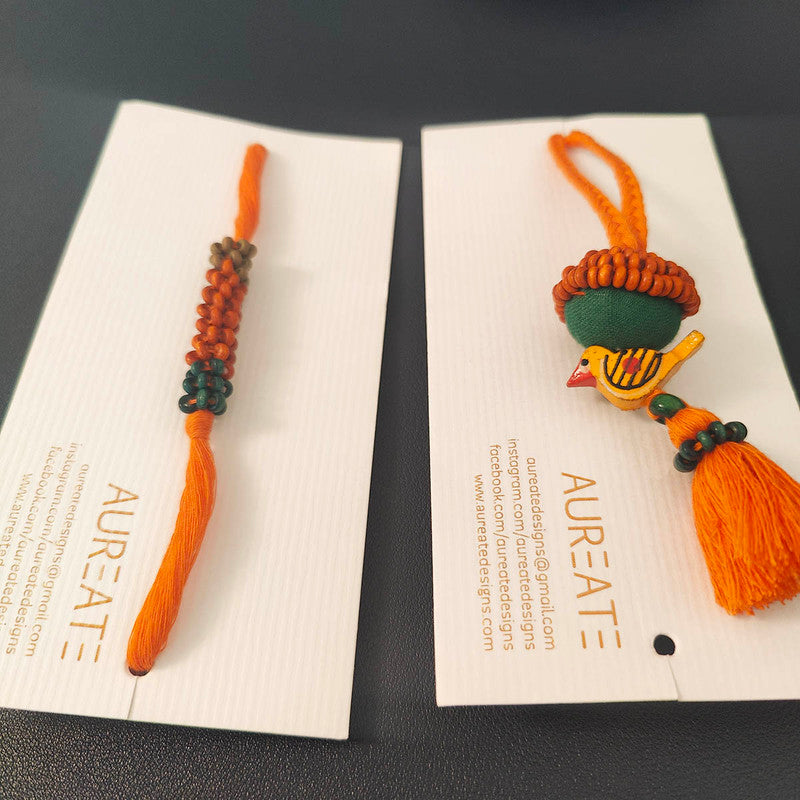 Cotton Rakhi Lumba Set For Bhaiya & Bhabhi | Beads & Bird | Orange & Green