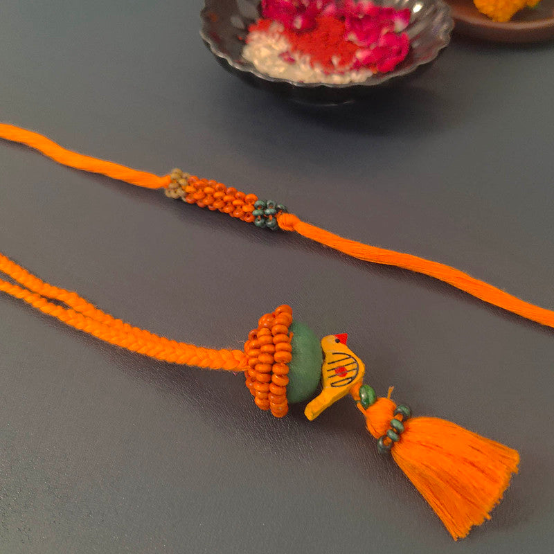 Cotton Rakhi Lumba Set For Bhaiya & Bhabhi | Beads & Bird | Orange & Green