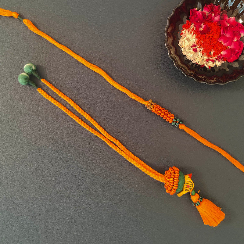 Cotton Rakhi Lumba Set For Bhaiya & Bhabhi | Beads & Bird | Orange & Green