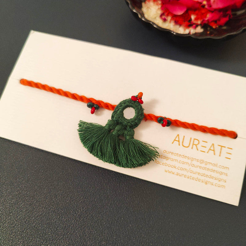 Cotton Rakhi Lumba Set For Bhaiya & Bhabhi | Pom-Pom Mirror | Green & Orange